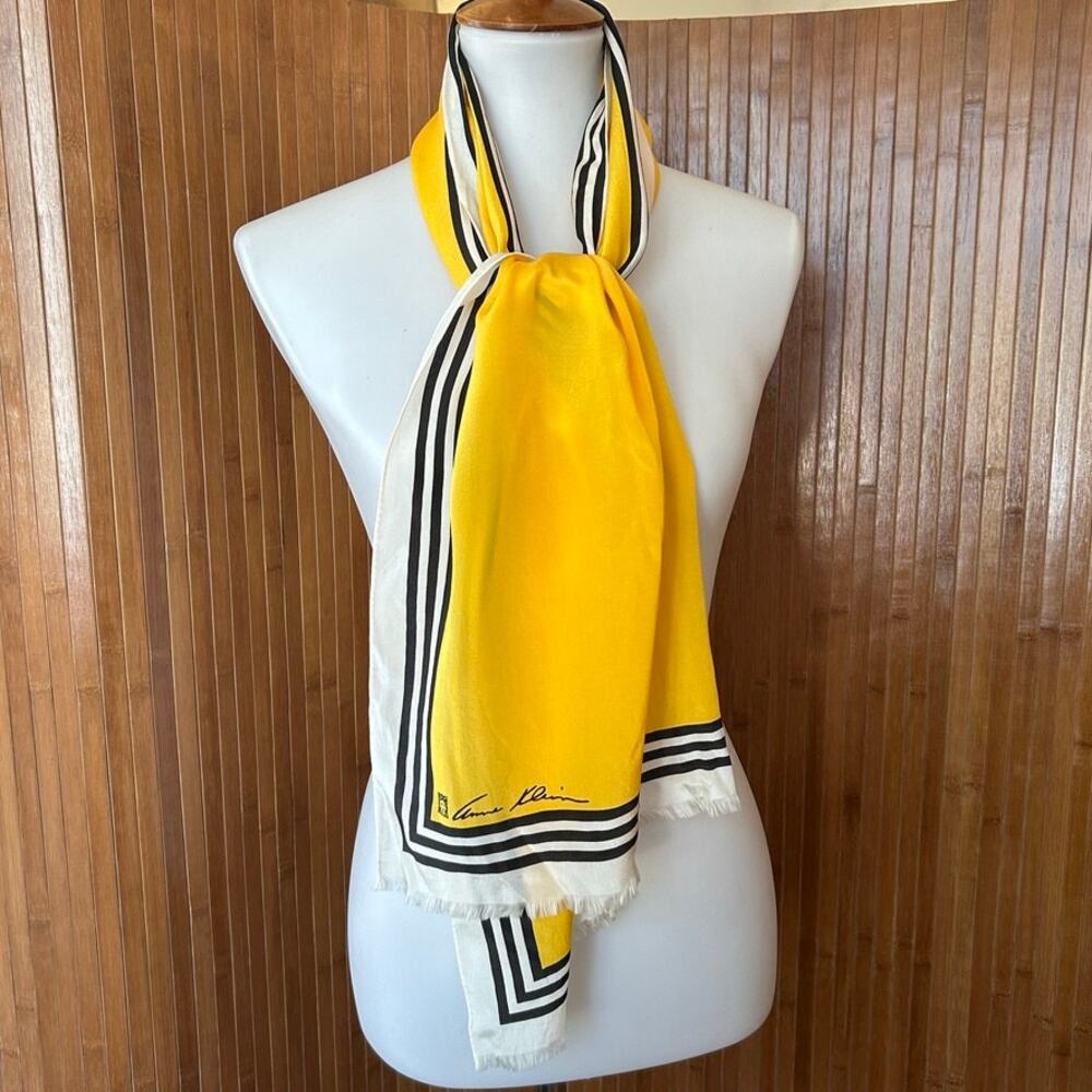 Vintage Anne Klein Silk Scarf Yellow Black White Striped